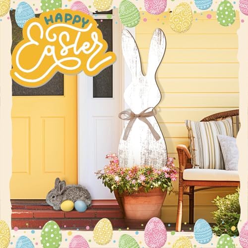 Yerliker 35.5 H Easter Bunny Porch Decor Sign Easter Outdoor Decor Wooden Bunny Standing Porch Sign Vertical Farmhouse Rabbit with Ribbon for Front Door Indoor Outdoor Yard Garden Decor - Image 3