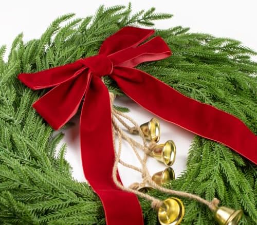 Christmas Decor, 24" Norfolk Pine Christmas Wreath with Velvet Bow & Bells - Image 3