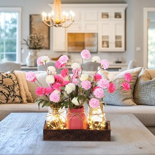 Suncalla 3pcs Pink White Fake Kiku Flowers Mason Jar Table Centerpiece - Image 6