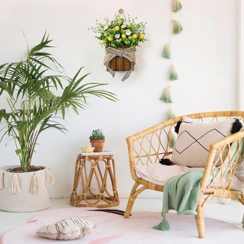Lemon Hanger Basket Wreath for Front Door 15" Summer Basket Wreath Artificial Green Leaves with White Daisy Wreaths Baskets for Indoor Farmhouse Porch Entryway Wall Garden Home Decor - Image 6