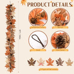 9 Ft Fall Garland with Lights & Timer, Thanksgiving Fireplace Mantel Decor - Image 2