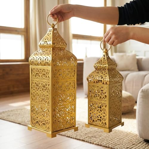 Vela Lanterns Decorative Indoor Moroccan Candle Holders, Gold, Set of 2 - Image 2