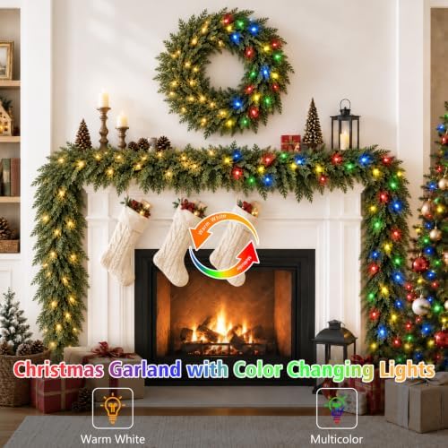 9FT Christmas Cedar Garland with Lights Real Touch Prelit Pine Garland - Image 3