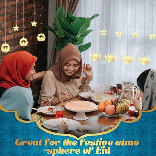 Riakrum 2 Pack Eid Mubarak Fairy Curtain Lights 9.84 ft Star Moon Castle Lights LED Window Star Lights for Ramadan Home Decoration Gifts Wedding Christmas Eid Party Indoor Holiday - Image 5