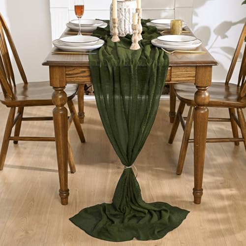 Artoid Mode 6PC Boho Cheesecloth Gauze Olive Green Wedding Table Runner, 120 Inch Seasonal Fabric Kitchen Dining Holiday Table Decor for Home Party Indoor - Image 2