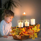 Fall Table Centerpiece Fall Thanksgiving Candle Holder with 3 Candle Holders and 3 Glass Cups, Artificial Maple Leaf Harvest Table Centerpiece with Pumpkins Berries - Image 5