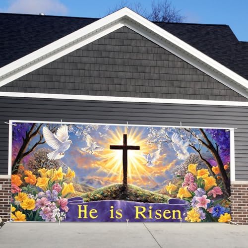 16x7 ft He is Risen Easter Banner for Two Car Garage - Fits Double Garage Door, Inspirational Cross Dove & Biblical Quote Large Backdrop, Church or Home Worship Decor - Image 6