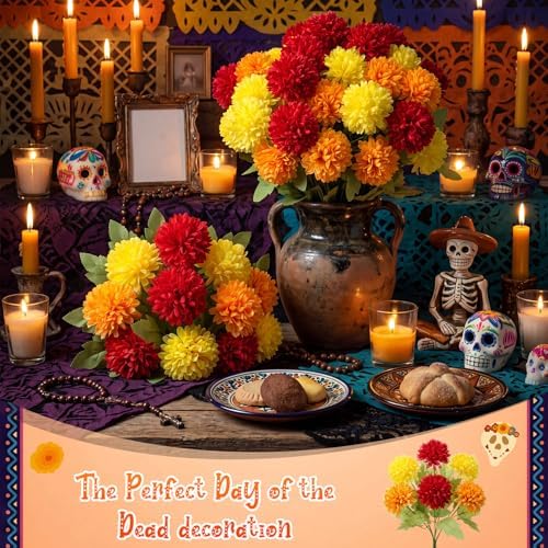 Tigeen 6 Pcs Day of the Dead Marigold Flowers, Colorful - Image 4