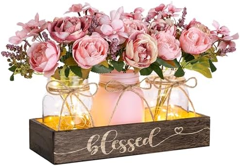 3 Pcs Mason Jar Table Centerpieces for Dining Room with Wood Tray&Led Light by FancyPlus