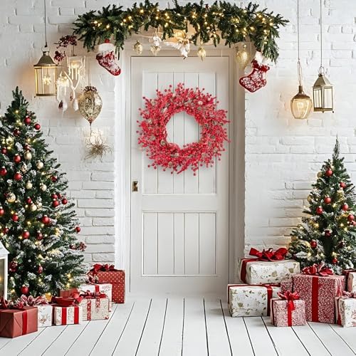24 Inch Winter Christmas Wreath with Frosted Berries & Pine Cones, Red and White Artificial Wreath for Front Door, Snowy Effect Holiday Decor for Indoor and Outdoor Use - Image 5