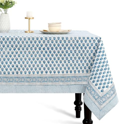 CPC Tablecloth 100% Cotton 70x108 Inch Indian Block Print Rectangle Table Cover, Blue Table Cloth for Weddings, Spring/Summer, Barbeque - Apatite Blue by COTTONPRINTCLUB