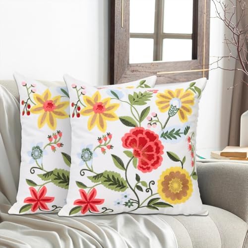Pack of 2 Embroidered Decorative Throw Pillow Cover 18x18 Inch Farmhouse Floral Pillowcase for Living Room Sofa Bed (Boho Flower) - Image 5