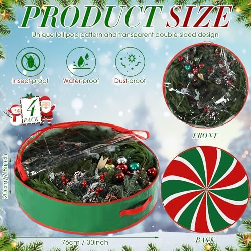 4 Pack 30 Inch Wreath Storage Containers, Hard Shell Garland Storage Bags with Handle Dual Zipper, Large Red Green Round Storages Box for St. Patrick's Day Wreath - Image 2