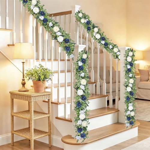 2 Pack 6.2Ft Blue White Flower Garland Artificial Eucalyptus Flower Garland - Image 6