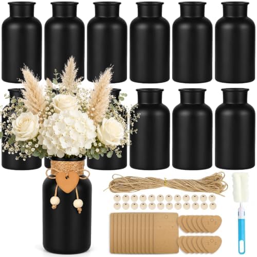 TBWIND Vintage Glass Flower Vase, 12PCS Farmhouse Black Mason Jar Vases by TBWIND