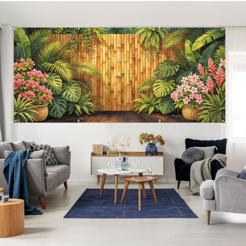 6X13FT Summer Bamboo Fence Tropical FlowersGarage Door Cover Decorations Tropical Leaves Garage Door Banner for Outdoor Indoor Summer Party Photography Backdrop - Image 6