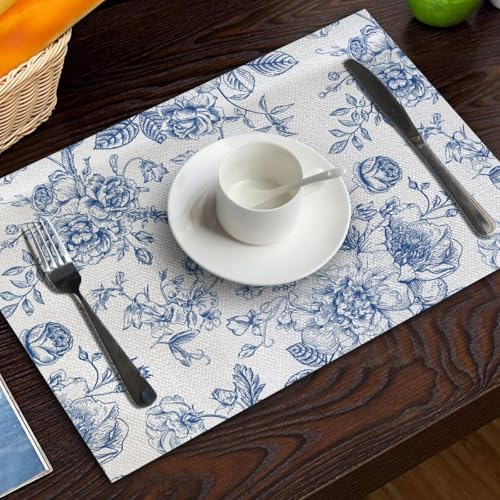 Blue and White Floral Table Runner and Place Mats Set of 6 108In - Image 6