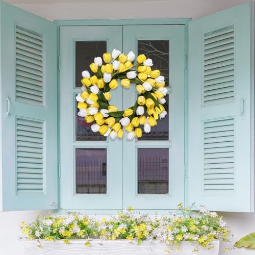 24 Inch Tulip Summer Wreath for Front Door Spring Silk Wreath with Green Leaves Artificial Tulip Flower Wreaths for All Seasons Farmhouse Porch Wall Living Room Home Widding Decor - Image 6