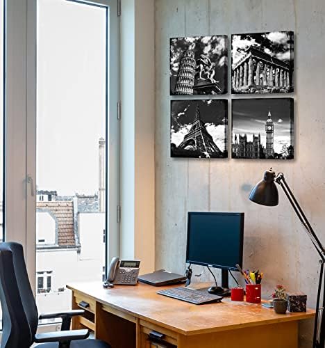 4 Piece Black White European Landmarks Canvas Wall Art, Framed 12x12in - Image 6