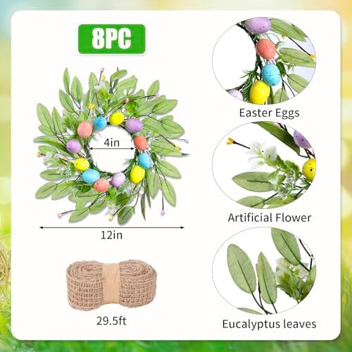 8 Pcs 10" Small Easter Wreaths for Kitchen Cabinets, Mini Easter Egg Wreaths with Burlap Ribbon, Spring Farmhouse Artificial Wreath Set for Window, Table, Shelf & Cabinet Decor - Image 2