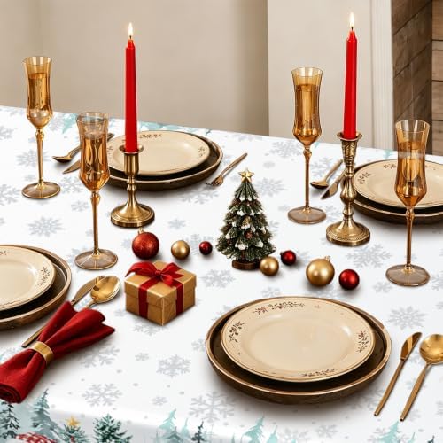 Rectangle Christmas Tablecloth 60x120 Inch, Farmhouse White Snowman Snowflake Table Cloth, Polyester Waterproof Wrinkle Resistant Xmas Table Cover for Holidays Dinning Table Decor - Image 4