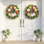 24" Summer Wreaths for Front Door with Hello Sign,Hydrangea Wreath with Pink Dahlia Flowers Eucalyptus.Summer Wreath for Front Door,Porch,Farmhouse,Wall,Window Indoor Outdoor Decor - Image 3