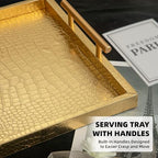 Modern Elegant Large Wood Serving Tray, Set of 2 Gold Crocodile Leather with Gold Polished Metal Handles, Home Decorative Rectangle Ottoman Decor Platter Living Room Bathroom Vanity Tray - Image 4