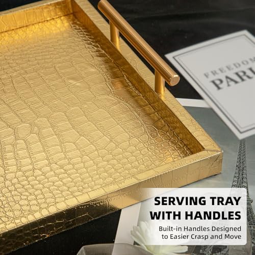 Modern Elegant Large Wood Serving Tray, Set of 2 Gold Crocodile Leather with Gold Polished Metal Handles, Home Decorative Rectangle Ottoman Decor Platter Living Room Bathroom Vanity Tray - Image 4