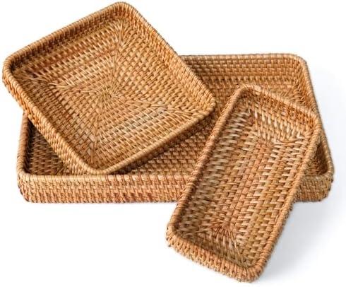 Rattan Serving Tray, Including 3 Sizes of Woven Rectangle Basket Trays by KALEKAIL