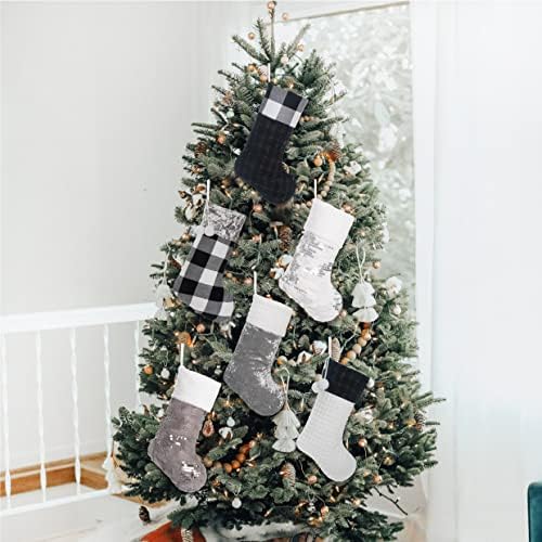 LUBOT 4 Pack Christmas Stockings Large Family Xmas Stocking Black White Gray Contrast Match Flannel Plaid Plush Sequins Hanging for Decorations Holiday - Image 4