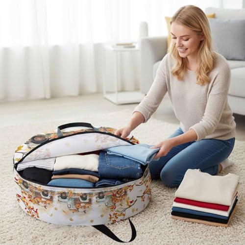 Thanksgiving Pumpkin Round Storage Bag 24 Inch, Truck Fall Maple Leaves Clothes Storage Container with Handles Heavy Duty Organizer for Comforter, Bedding & Holiday Wreaths - Image 3