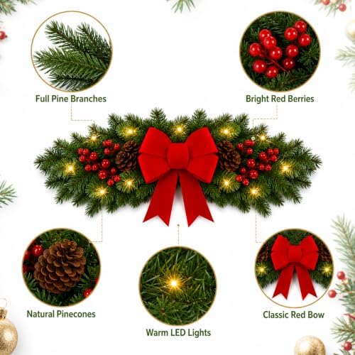 Yalikop 2 Pcs 24.5 Inch Christmas Swags with Light, Red Bow and Berry - Image 3