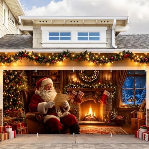 Cozy Christmas Santa Garage Door Banner Mural - Classic Santa Claus Reading Letter by Fireplace Backdrop - Large 7x16ft Winter Holiday Outdoor Wall Decor - DurableFabric Cover for Home Xmas Party - Image 7