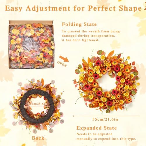 Harvest Fall Wreaths for Front Door 22 Inch Autumn Daisy Wreath Wall Decor - Image 5