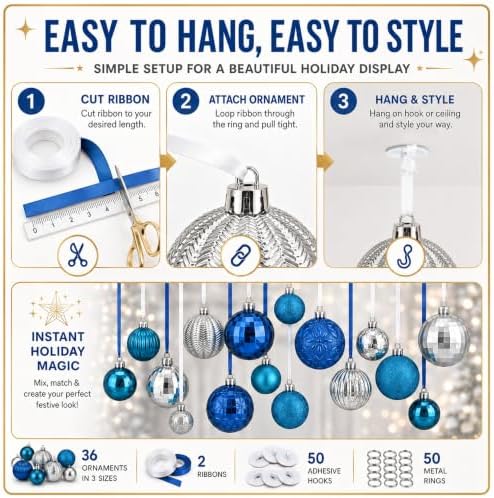 36 Pcs Christmas Balls Ornaments for Ceiling, Blue Mix - Image 3