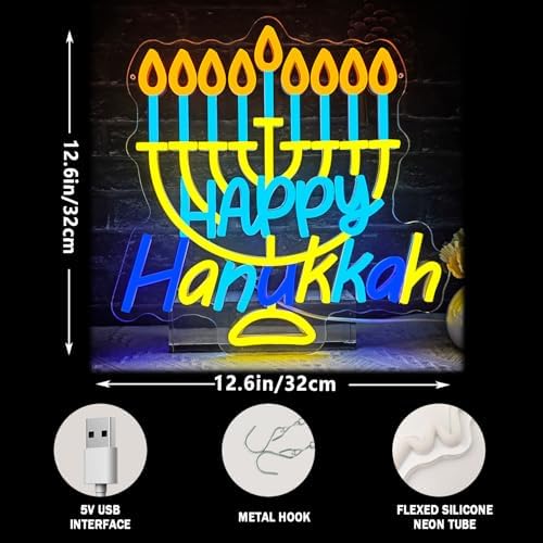 Happy Hanukkah Neon Sign Dimmable Candlestick LED Neon Light Signs Hanukkah Decorations for Home Hanukkah Neon Light for Wall Room Bedroom Decor Jewish Menorah Holiday Gifts - Image 4
