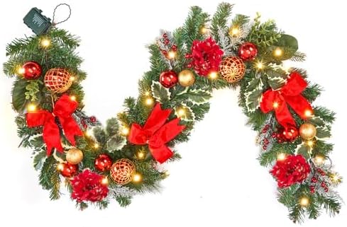 6ft Pre-lit Garland,red Gold Christmas Decorated Garland with 30 LED Light String,Indoor Outdoor Xmas Decorations on Mantle Fireplace Front Door, Christmas Stairs Decor Battery Operated with Timer by Vofuly