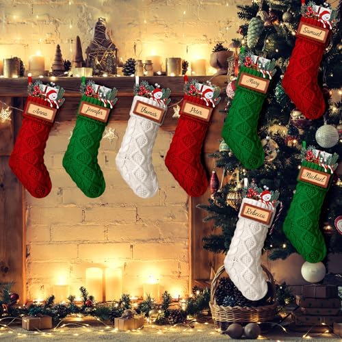 JellyArch 9 Pcs Personalized Christmas Stockings Xmas Stocking with Leather Patches Custom Name Cable Knitted Hanging Family Stockings for Christmas Holiday Fireplace Party Decoration (14 Inches) - Image 3