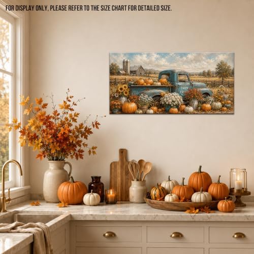 WAXWHELK Truck Fall Canvas Wall Art, Rustic Farmhouse Painting Pictures Autumn Thanksgiving Artwork, Vintage Blue Farm Fresh Truck Pumpkins and Flowers Home Decor for Living Room (12"x24") - Image 3