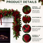 Riceshoot 6ft Christmas Garland for Mantel, Velvet Ball Bows Berry Design - Image 3