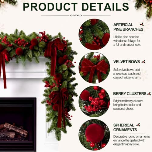 Riceshoot 6ft Christmas Garland for Mantel, Velvet Ball Bows Berry Design - Image 3