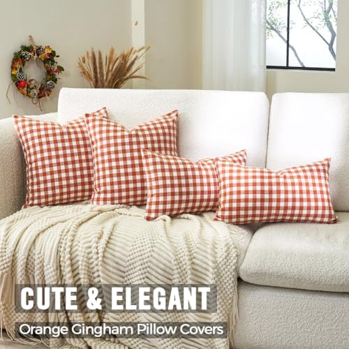 Fall Orange Plaid Gingham Euro Pillow Sham Covers 26x26 Set of 2 for Couch - Image 4