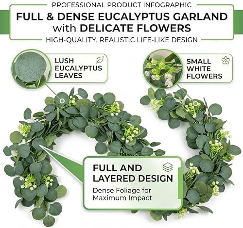 Artificial Eucalyptus Garland 8 Pack, Faux Eucalyptus Greenery Garland 6 ft, Realistic Eucalyptus Vine with Flowers for Wedding Table Centerpiece Mantel Fireplace Indoor Outdoor Decor - Image 4