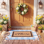 2 Pcs Blue Welcome Mats for Front Door Layered Buffalo Plaid Outdoor Rug - Image 4