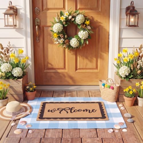 2 Pcs Blue Welcome Mats for Front Door Layered Buffalo Plaid Outdoor Rug - Image 4