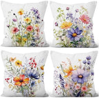 4 Pcs/Set Floral Pillow Covers Wild Flowers Sage Green Leaves Colorful Plants Vintage Throw Pillow Covers for Outdoor Home Couch Sofa Bedroom Farmhouse Decorative, 24"x24" by VieSavaran