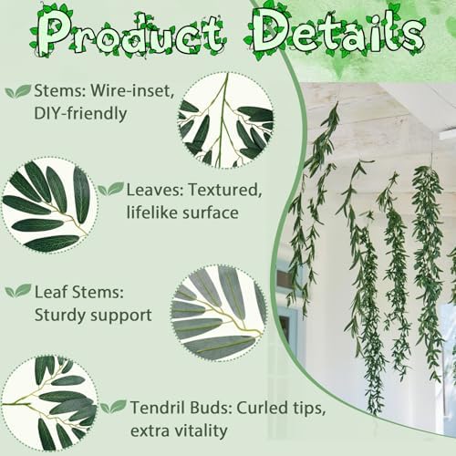ucky Fake Vines, Eucalyptu Vines Garland, Ivy Vines, Green Artificial Wall Decor Hanging, Wedding Decoration，Flower Bouquet Decoration (4, Olive Vines) - Image 2