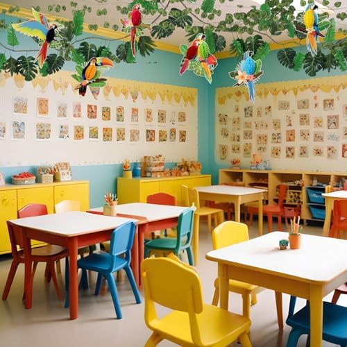 18 Pcs Jungle Party Decorations Back to School Classroom Rainforest Safari Tropical Hanging Birds Parrot Honeycomb Paper Cutouts Jungle Artificial Ivy Vines Garland for Hawaiian Luau Safari Decor - Image 6