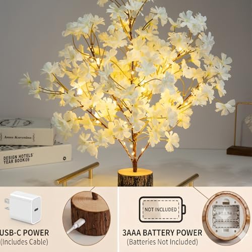19'' Light up Cherry Blossm Tree,Led Flower Tree Lamp with Timer, Artificial Bonsai Tree Battery or USB-C Operated for Bedroom Indoor Home Spring Summer Wedding Decor(White) - Image 2