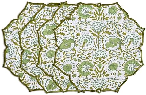 CPC Agate Green Block Print Cotton Floral Placemat 15x15 Inch, Set of 4 by COTTONPRINTCLUB